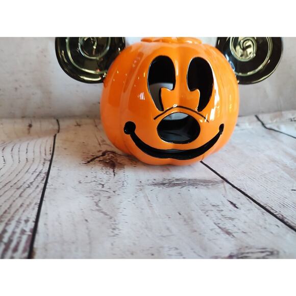 Disney Mickey Mouse Jack O Lantern Ceramic Votive Candle Holder Ear Swirls - Picture 3 of 7